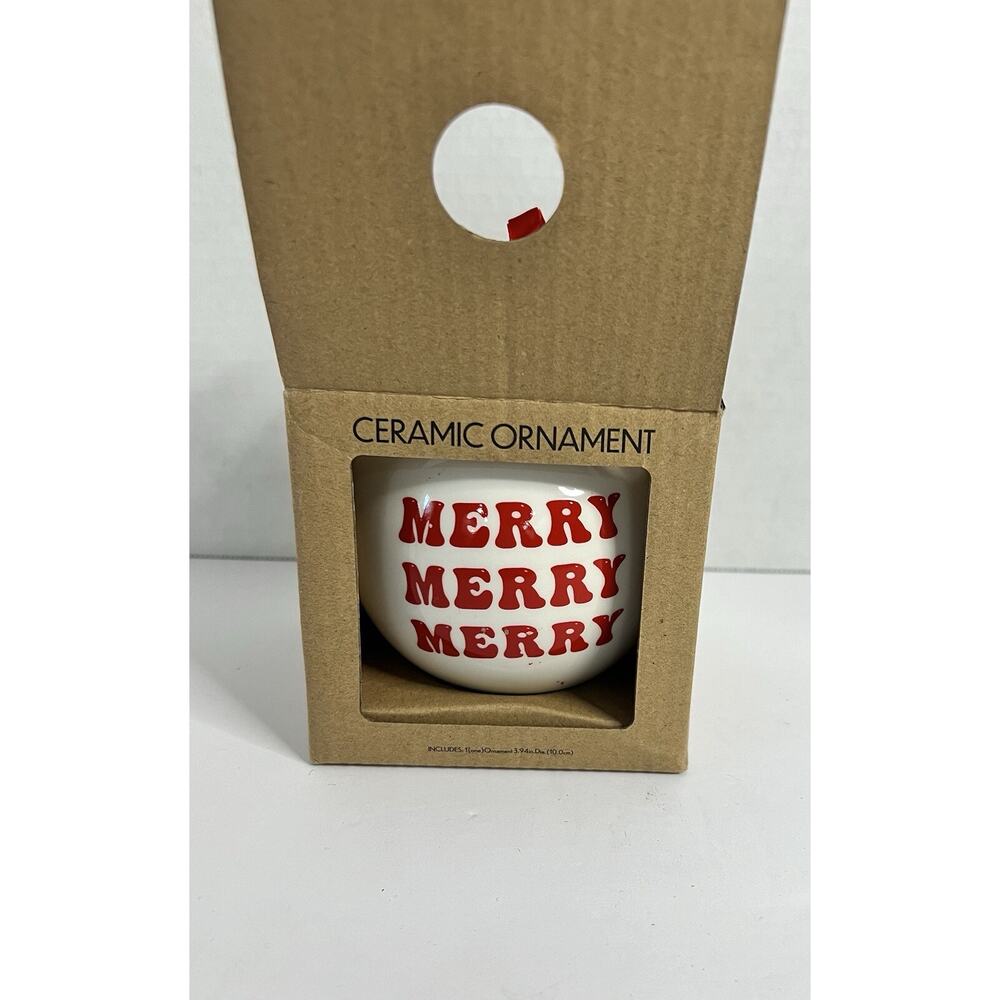 NIB Heavy Ceramic Christmas 4” Ornament Red Merry Merry Merry
